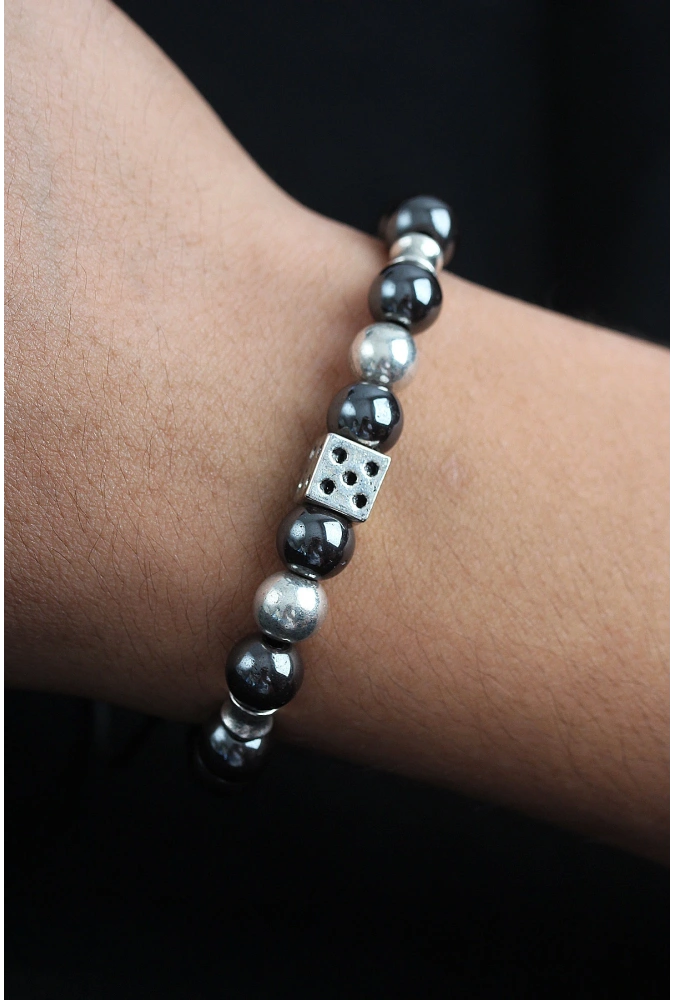 Shoecide Doğal Taş Zar Model Gümüş Ve Füme Renk Asansörlü Erkek Bileklik