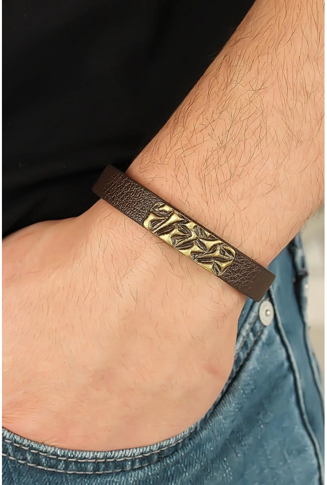 Shoecide Eskitme Metal Şık Aksesuarlı Kahverengi Deri Erkek Bileklik