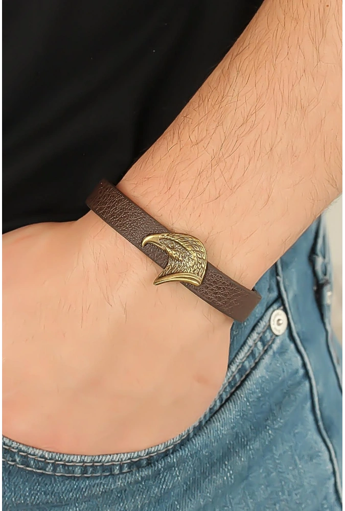 Shoecide Eskitme Renk Metal Kartal Aksesuarlı Kahverengi Deri Erkek Bileklik