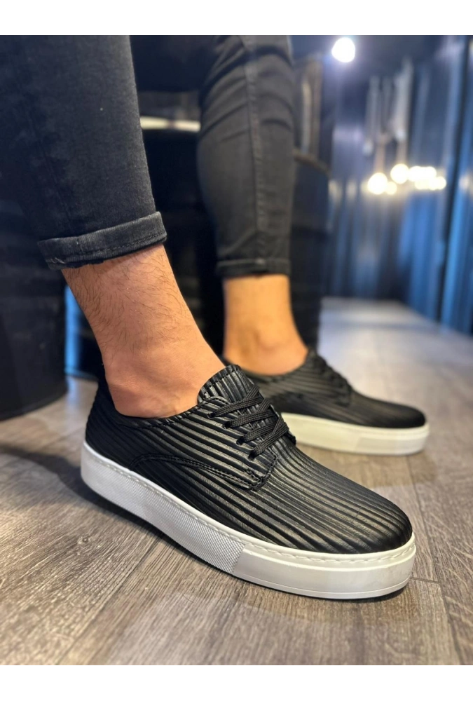 Shoecide Fitilli Desenli Günlük Ayakkabı 076 Siyah (beyaz Taban)