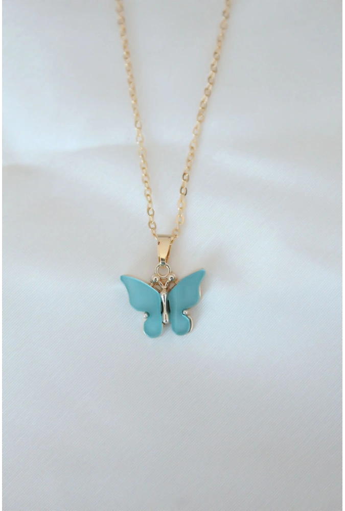 Shoecide Gold Kaplama Turkuaz Renk Sedefli Kelebek Kolye