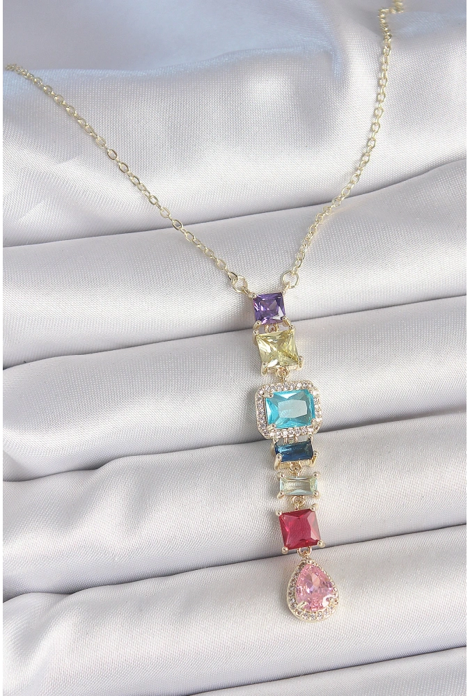 Shoecide Gold Karışık Renk Zirkon Taşlı Y Pirinç Kolye