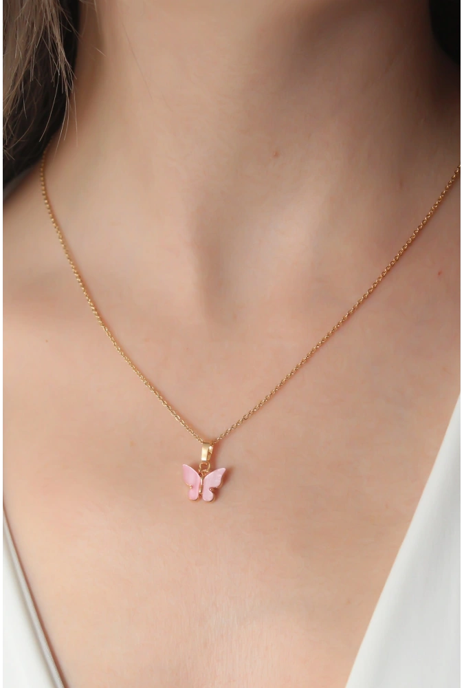 Shoecide Gold Pembe Renk Kelebek Figür Kadın Kolye