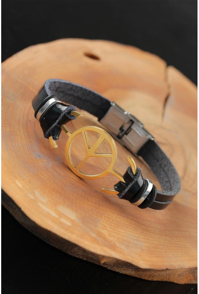 Shoecide Gold Renk Barış Figürlü Metal Aksesuarlı Siyah Renk Deri Erkek Bileklik
