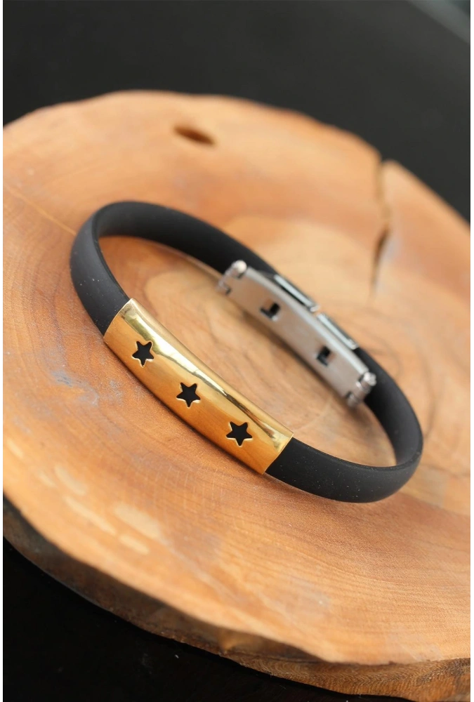 Shoecide Gold Renk Çelik Yıldızlı Tasarım Siyah Renk Silikon Erkek Bileklik
