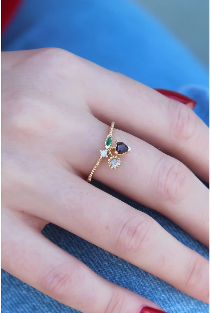 Shoecide Gold Renk Kiraz Model Zirkon Taşlı Kadın Yüzük