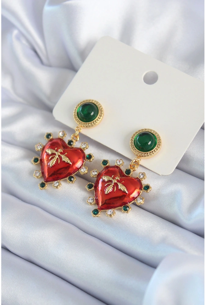 Shoecide Gold Renk Kırmızı Kalp Model Zirkon Taş Detay Pirinç Vip Kadın Küpe