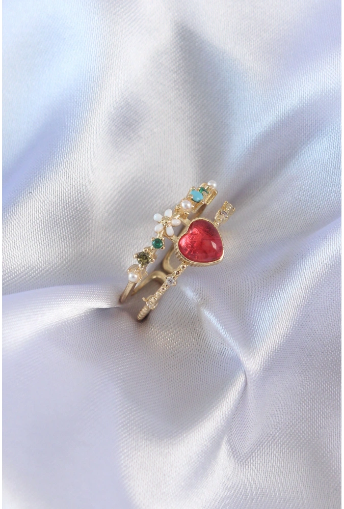 Shoecide Gold Renk Kırmızı Zirkon Taş Kalp Model Pirinç Kadın Yüzük