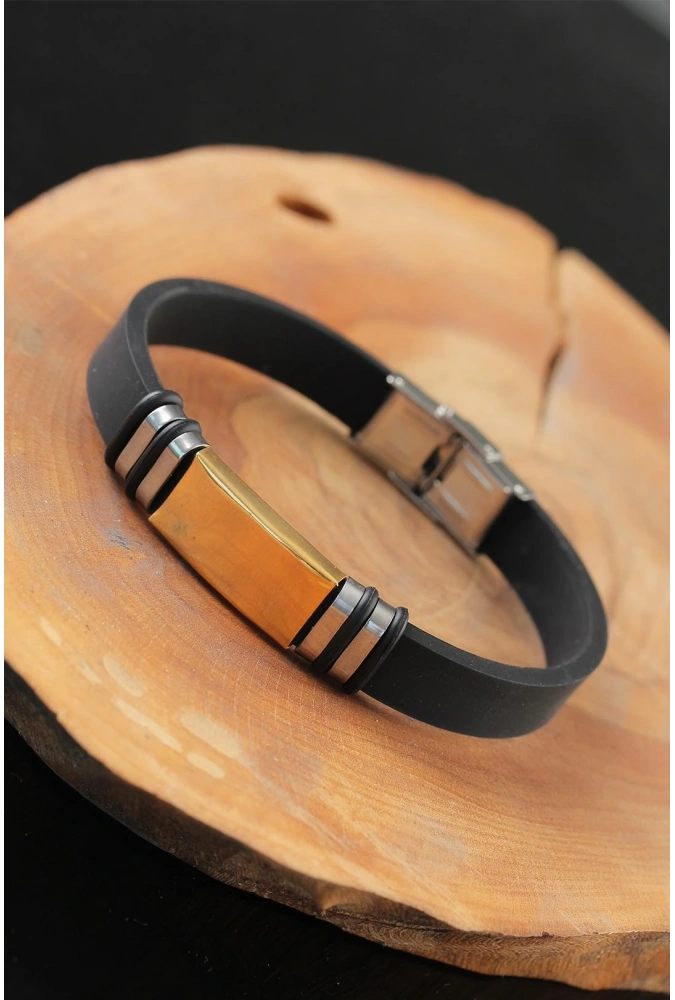 Shoecide Gold Renk Metal Aksesuarlı Siyah Renk Deri Erkek Bileklik