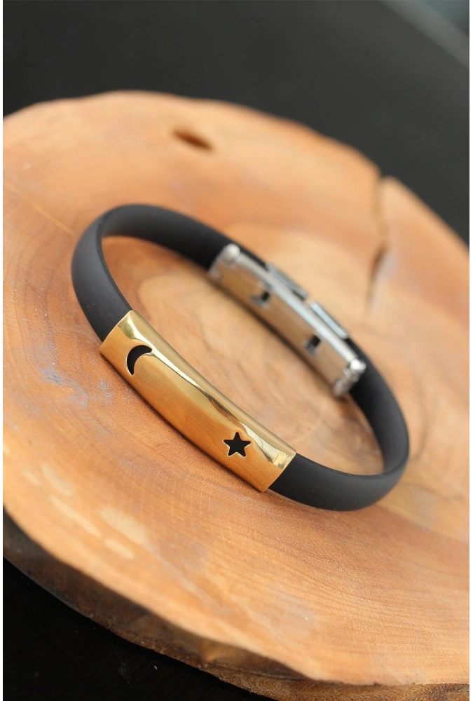 Shoecide Gold Renk Metal Ay Yıldız Tasarım Siyah Renk Silikon Erkek Bileklik