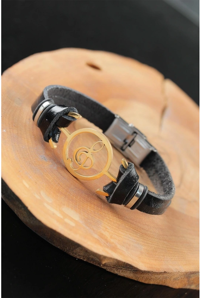 Shoecide Gold Renk Metal Sol Anahtarlı Tasarım Siyah Renk Deri Erkek Bileklik