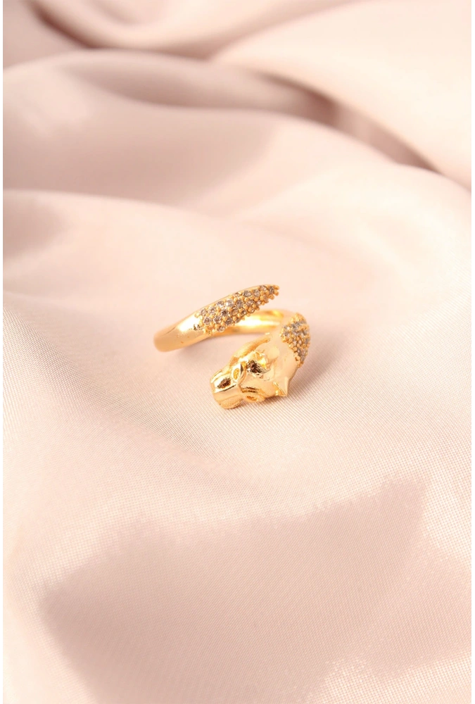 Shoecide Gold Renk Metal Zirkon Taşlı Kaplan Model Ayarlanabilir Kadın Yüzük