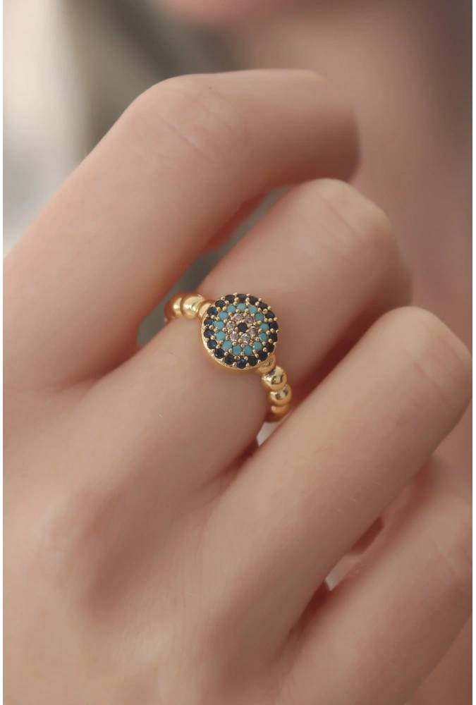 Shoecide Gold Renk Nazar Boncuk Figür Zirkon Taş Detay Kadın Yüzük