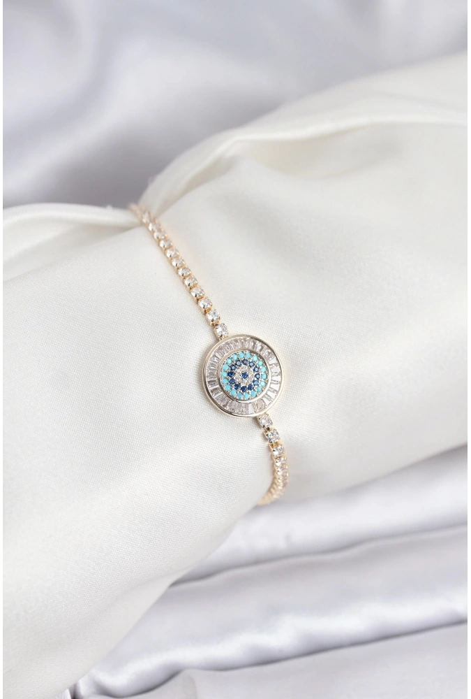 Shoecide Gold Renk Nazar Model Zirkon Taşlı Asansörlü Su Yolu Bileklik