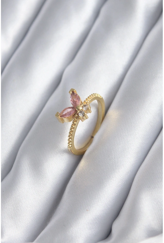 Shoecide Gold Renk Pembe Zirkon Taşlı Kelebek Model Kadın Yüzük