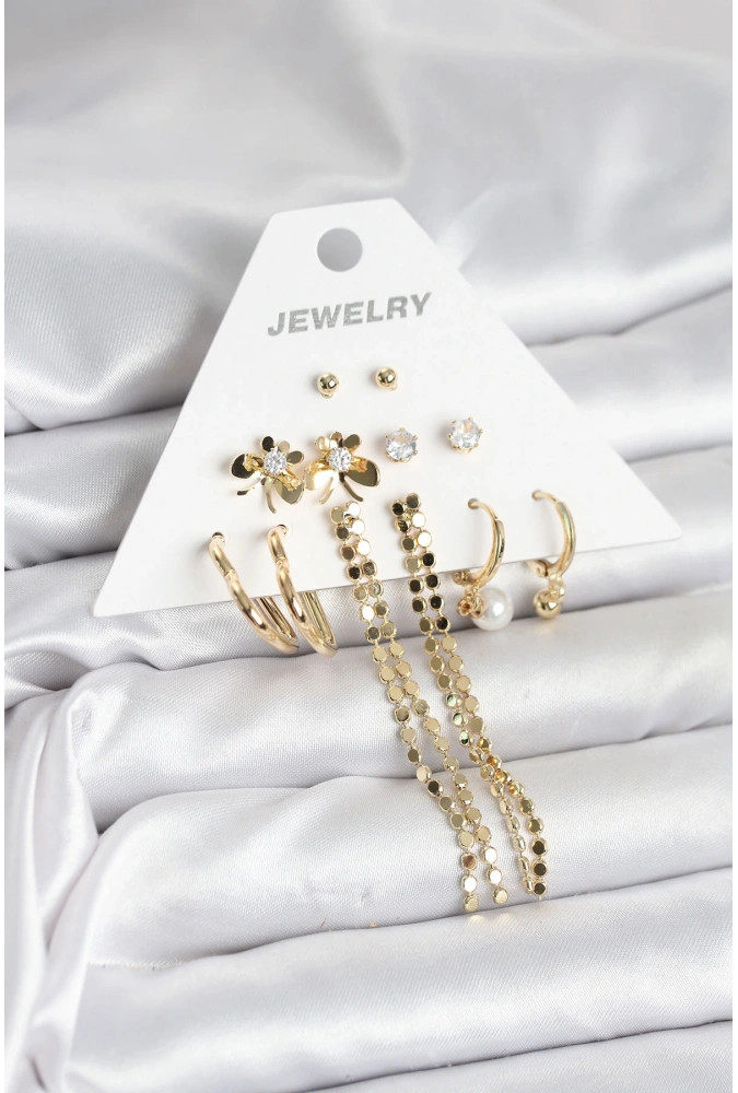 Shoecide Gold Renk Pirinç 6lı Kadın Küpe Seti