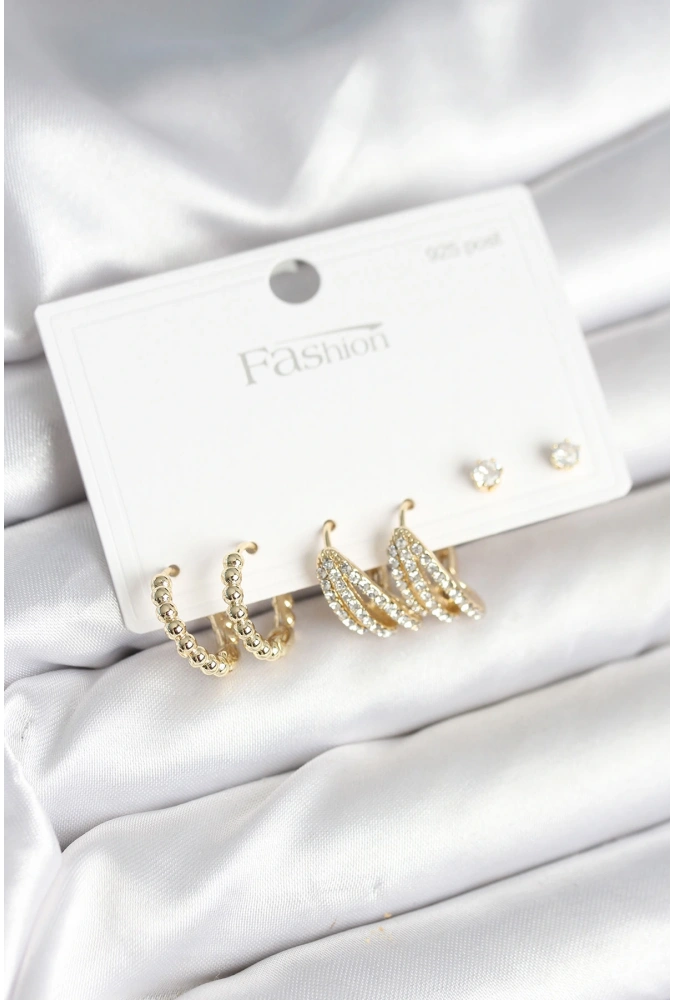 Shoecide Gold Renk Pirinç 925 Ayar Gümüş Çivili Kadın Küpe Seti