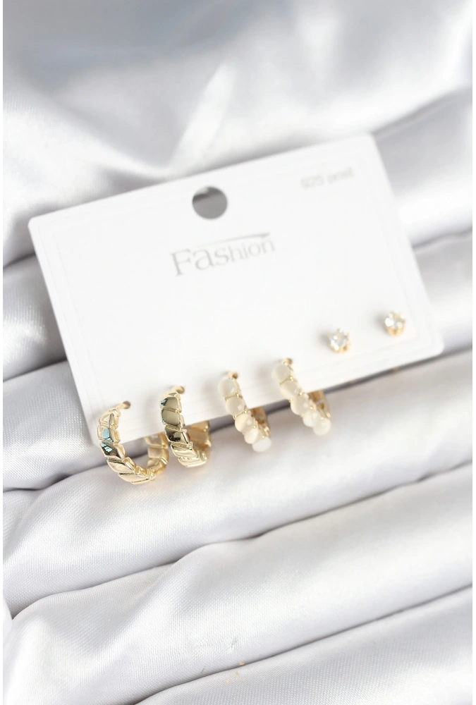 Shoecide Gold Renk Pirinç Halka 925 Ayar Gümüş Çivili Kadın Küpe Seti