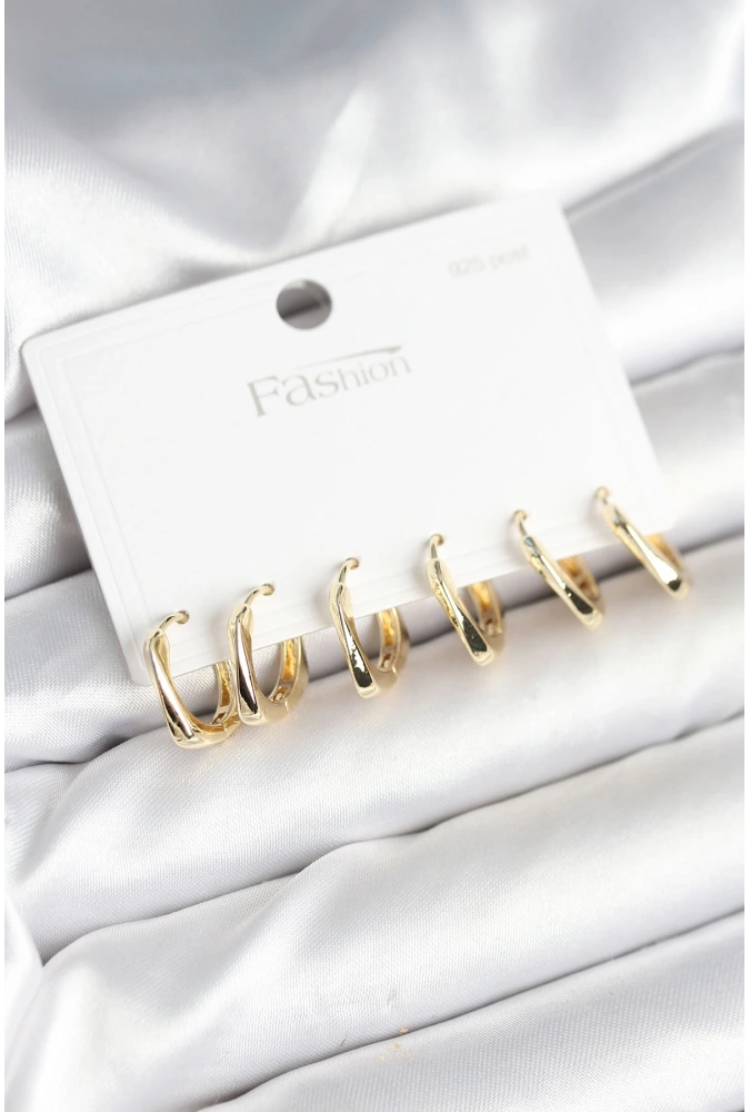 Shoecide Gold Renk Pirinç Kare Halka Model 925 Ayar Gümüş Çivili Kadın Küpe Seti