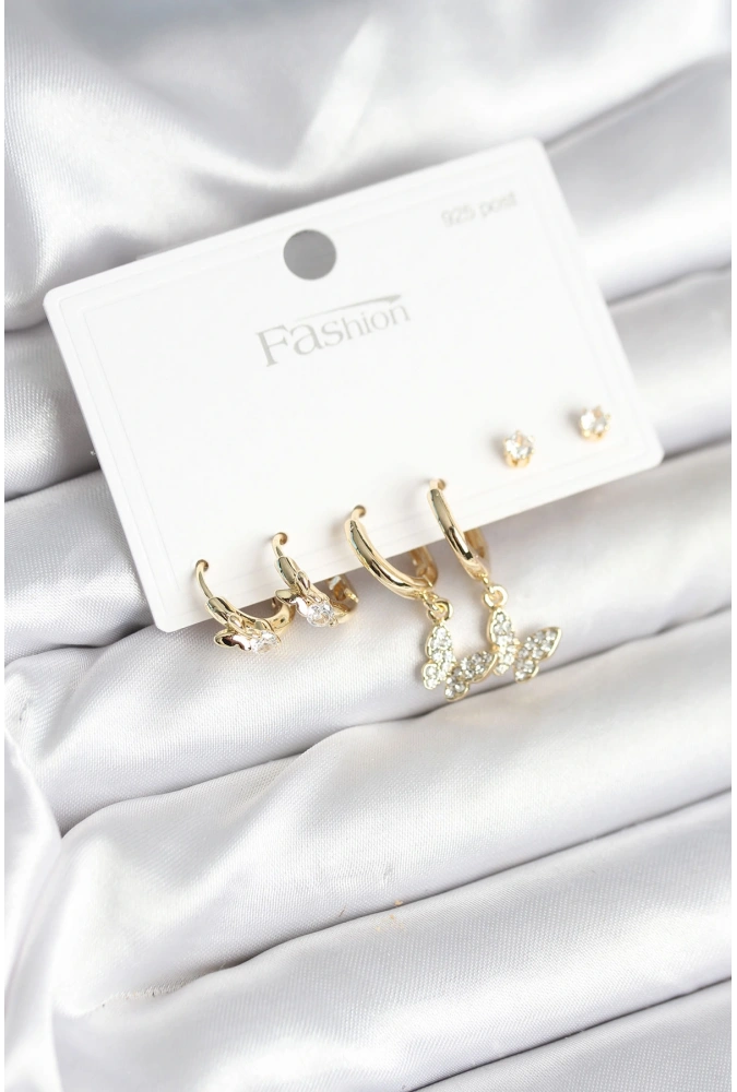 Shoecide Gold Renk Pirinç Kelebek Model 925 Ayar Gümüş Çivili Kadın Küpe Seti