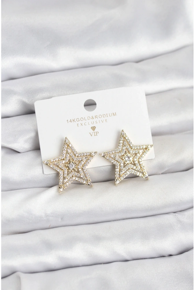 Shoecide Gold Renk Pirinç Zirkon Taşlı Yıldız Model Kadın Küpe