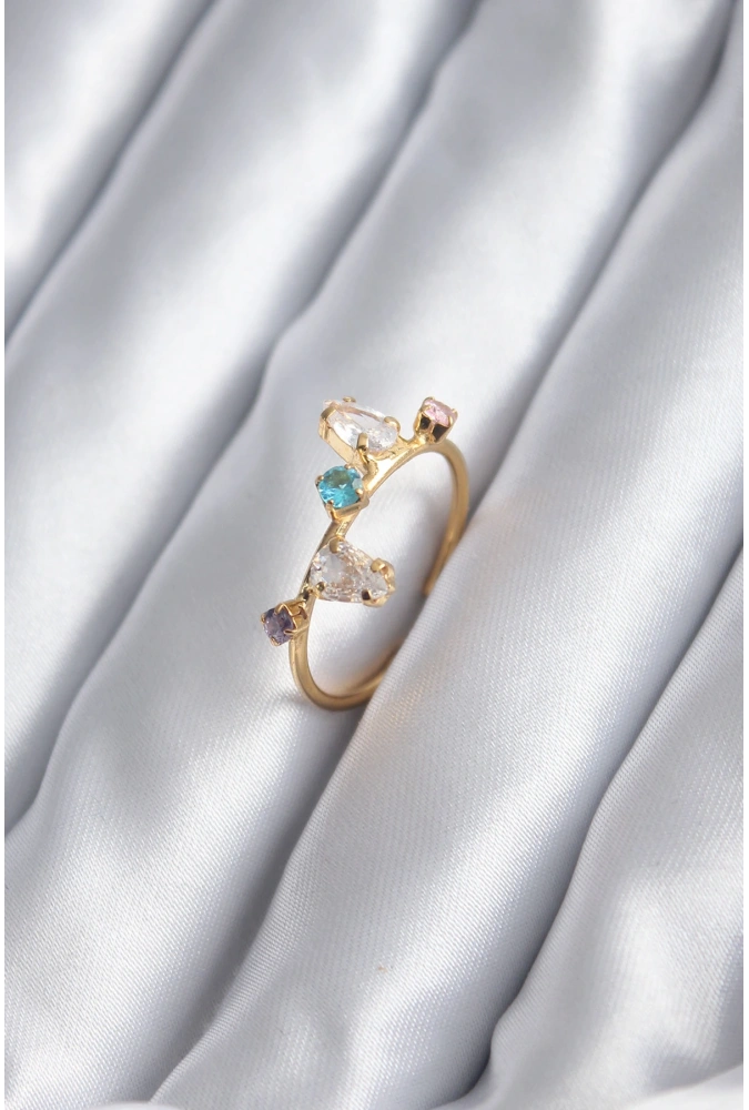 Shoecide Gold Renk Renkli Zirkon Taşlı Kadın Yüzük
