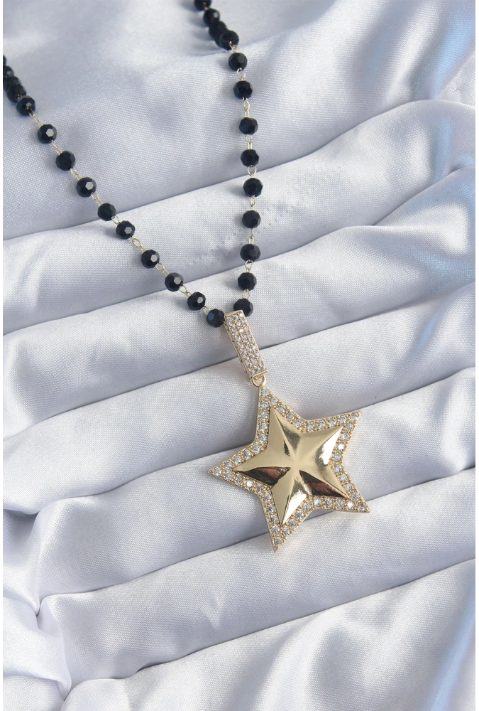 Shoecide Gold Renk Siyah Boncuk Zirkon Taşlı Yıldız Model Vip Seri Kadın Kolye