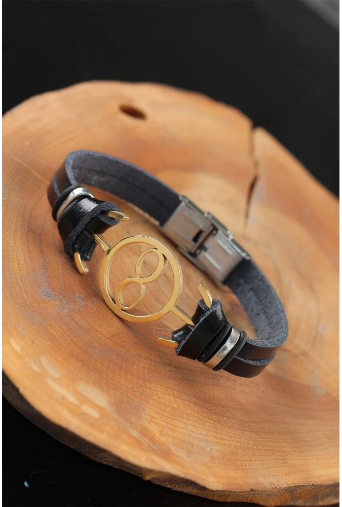Shoecide Gold Renk Sonsuzluklu Metal Aksesuarlı Siyah Renk Deri Erkek Bileklik