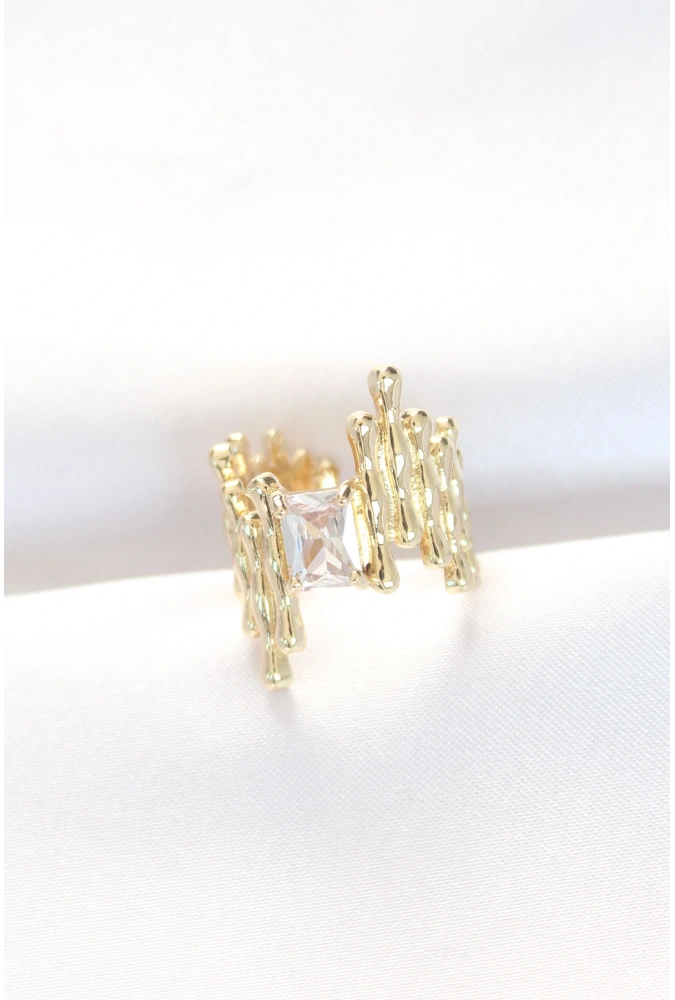 Shoecide Gold Renk Tırtıklı Kalın Baget Taş Tasarım Ayarlanabilir Yüzük