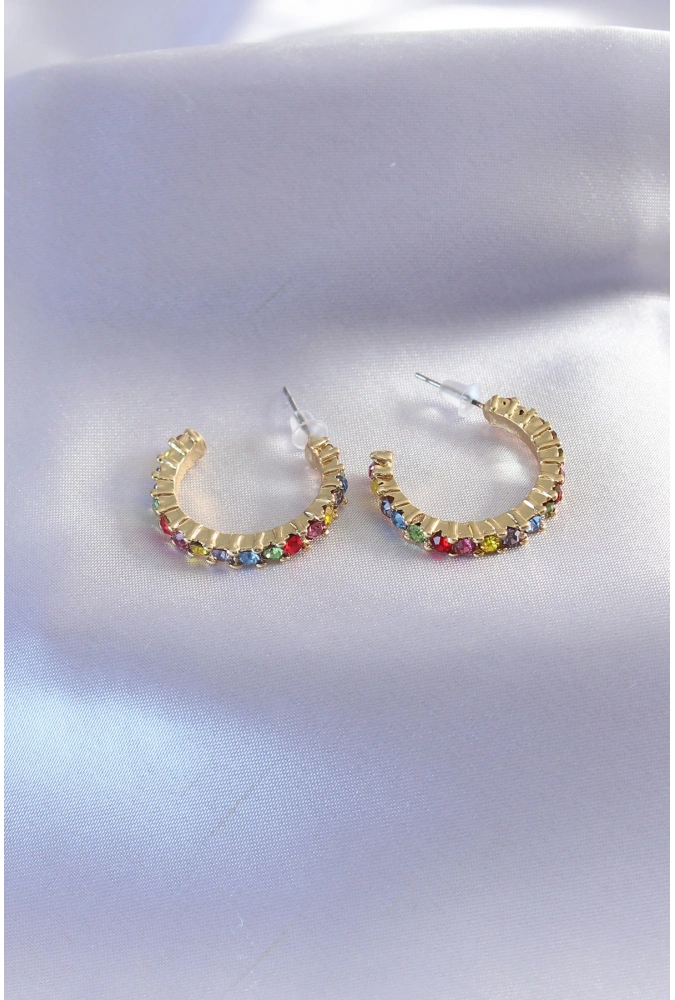 Shoecide Gold Renk Yarım Halka Model Renkli Kristal Taşlı Kadın Küpe