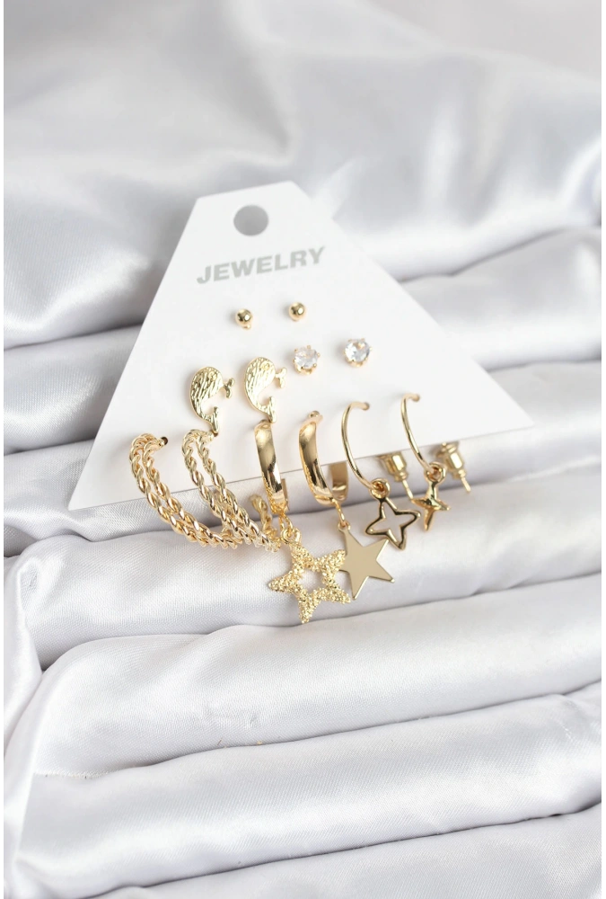 Shoecide Gold Renk Yıldızlı Set 6 Çift Kadın Küpe Seti