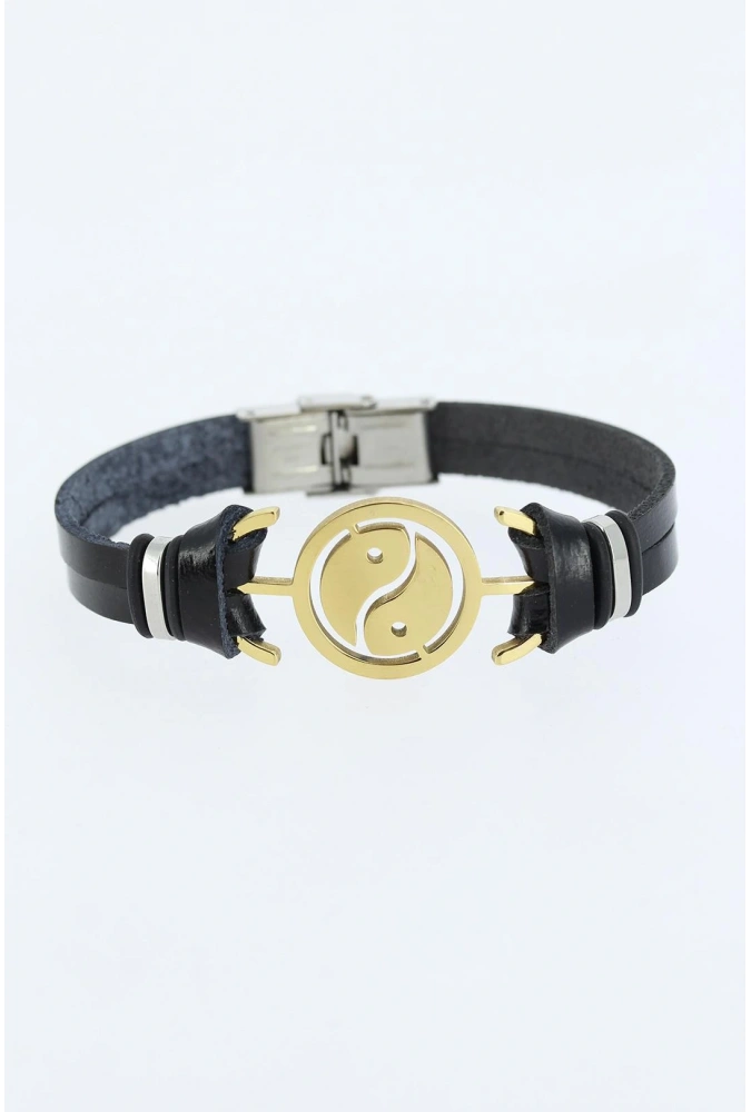 Shoecide Gold Renk Yin Yang Figürlü Metal Aksesuarlı Siyah Renk Deri Erkek Bileklik