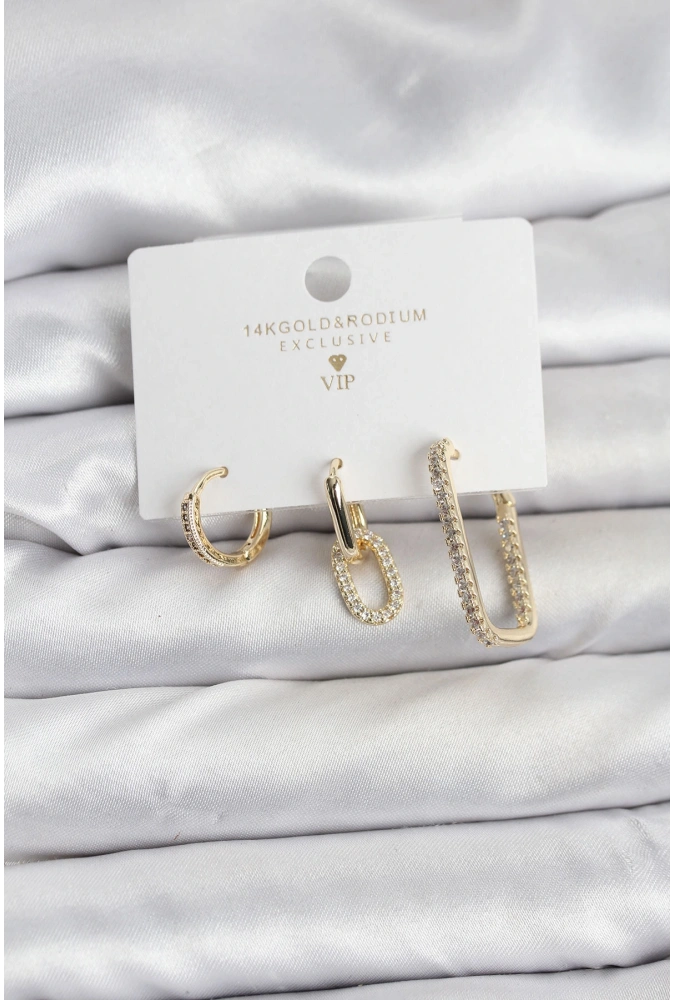 Shoecide Gold Renk Zirkon Taşlı 3lü Kadın Küpe Seti