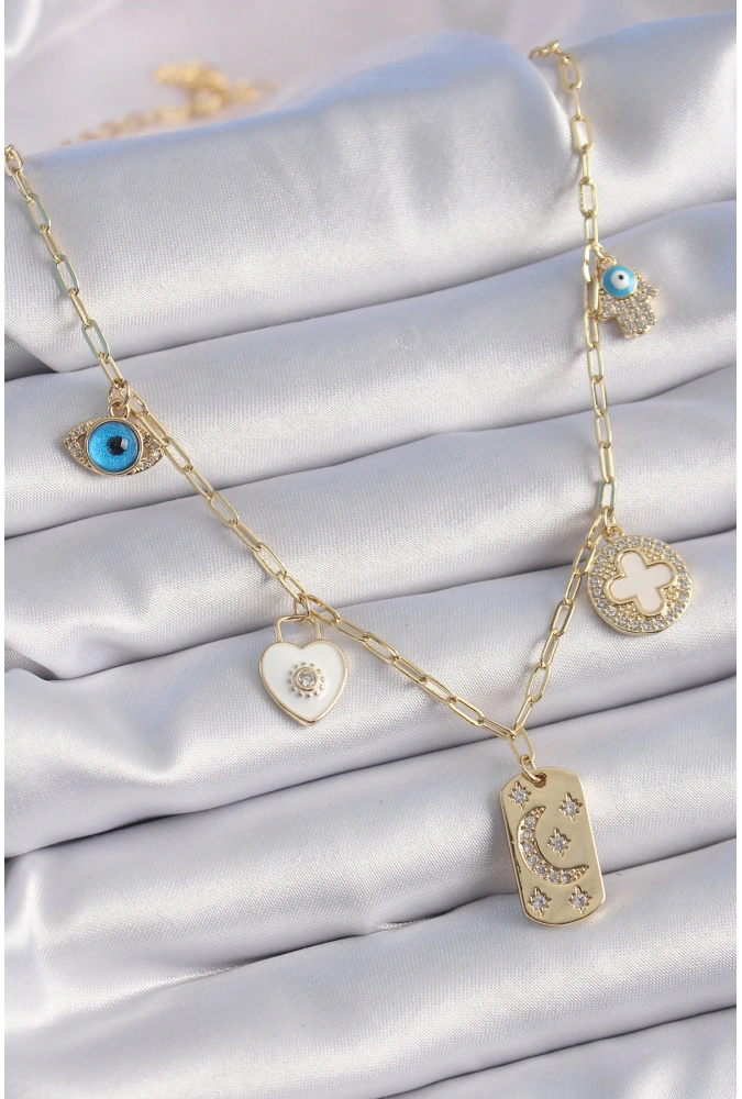 Shoecide Gold Renk Zirkon Taşlı Çoklu Figür Model Şans Kolyesi
