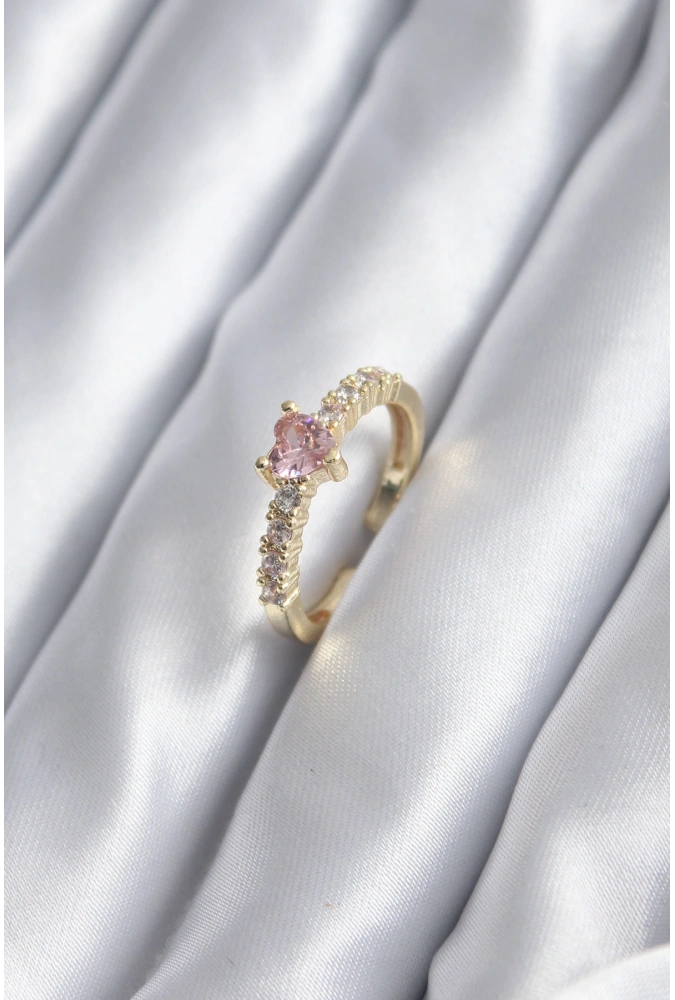 Shoecide Gold Renk Zirkon Taşlı Pembe Kristal Kalp Model Kadın Yüzük