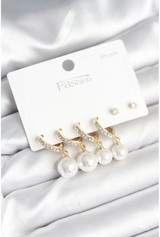 Shoecide Gold Renk Zirkon Taşlı Pirinç İncili 925 Ayar Gümüş Çivili Küpe Seti