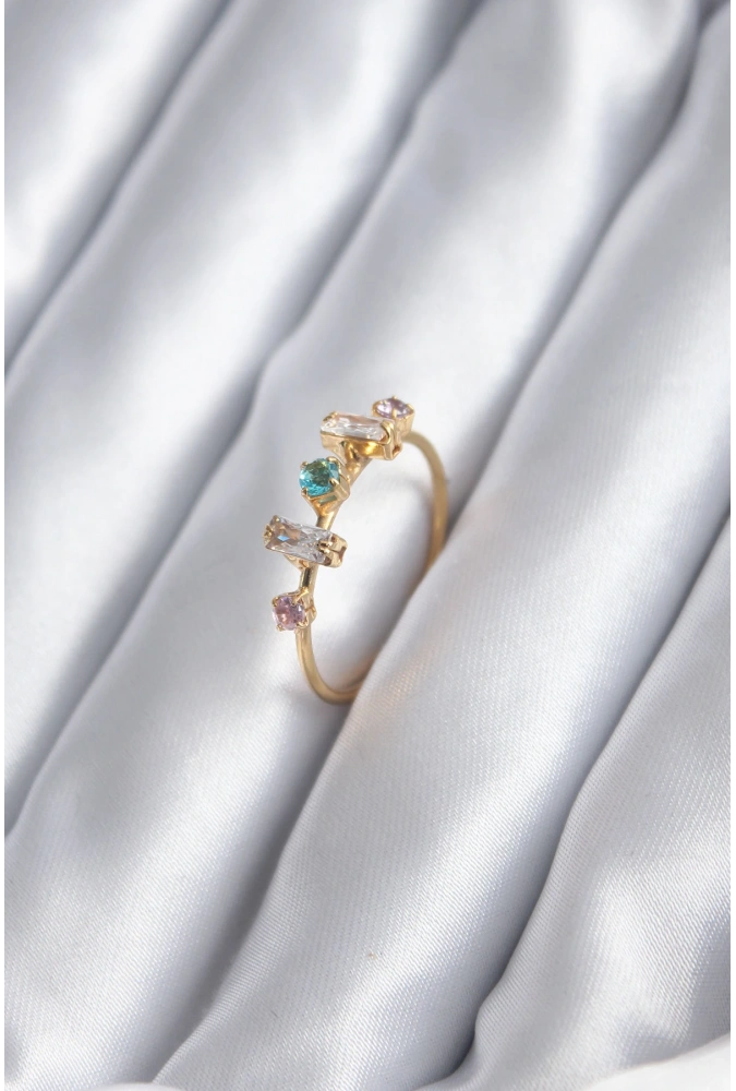 Shoecide Gold Renk Zirkon Taşlı Renkli Zirkon Taşlı Kadın Yüzük