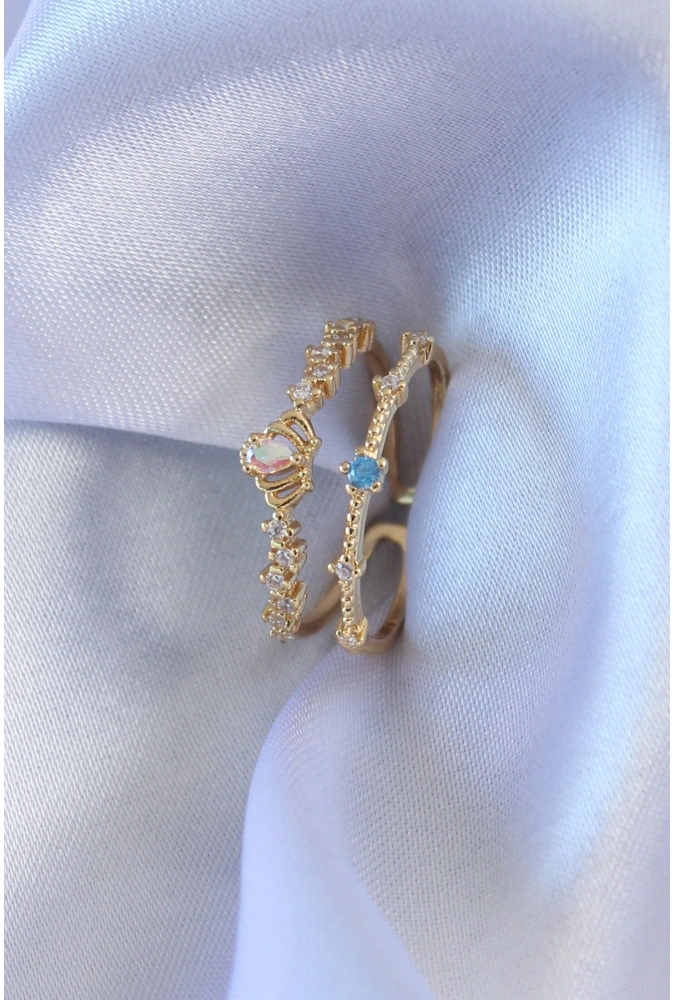 Shoecide Gold Renk Zirkon Taşlı Taç Figür Pirinç Kadın Yüzük