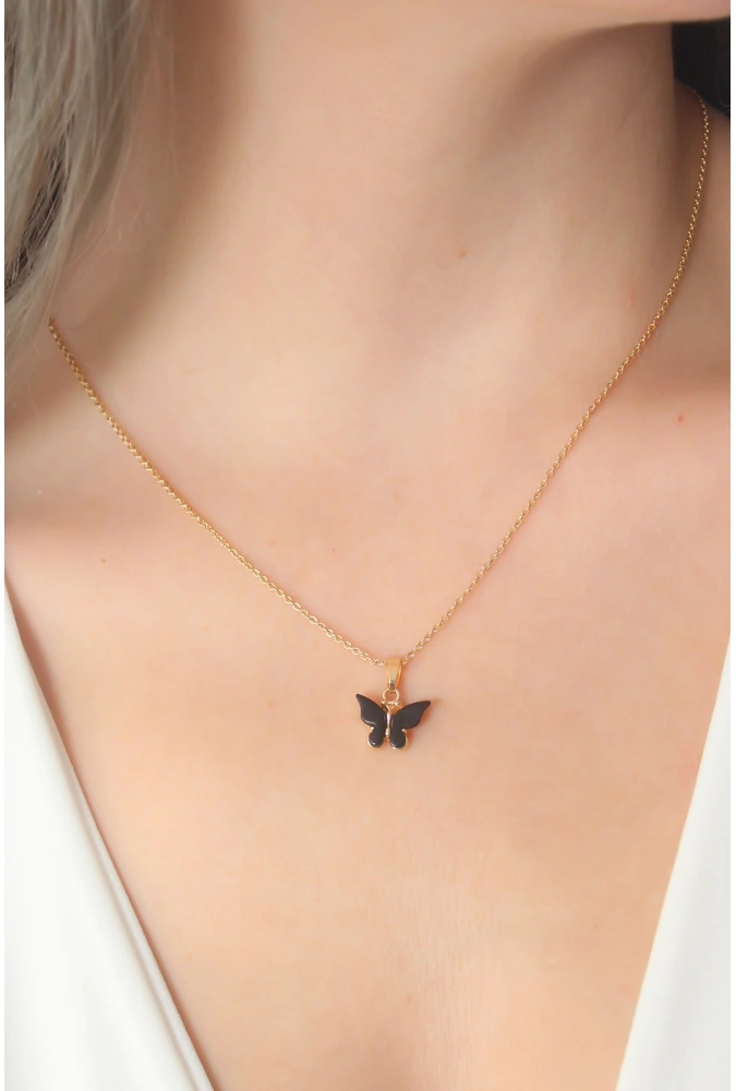 Shoecide Gold Siyah Renk Kelebek Figür Kadın Kolye