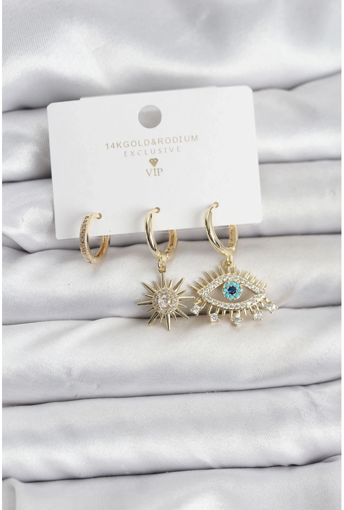 Shoecide Göz Model Gold Renk Pirinç 3lü Kadın Küpe Seti