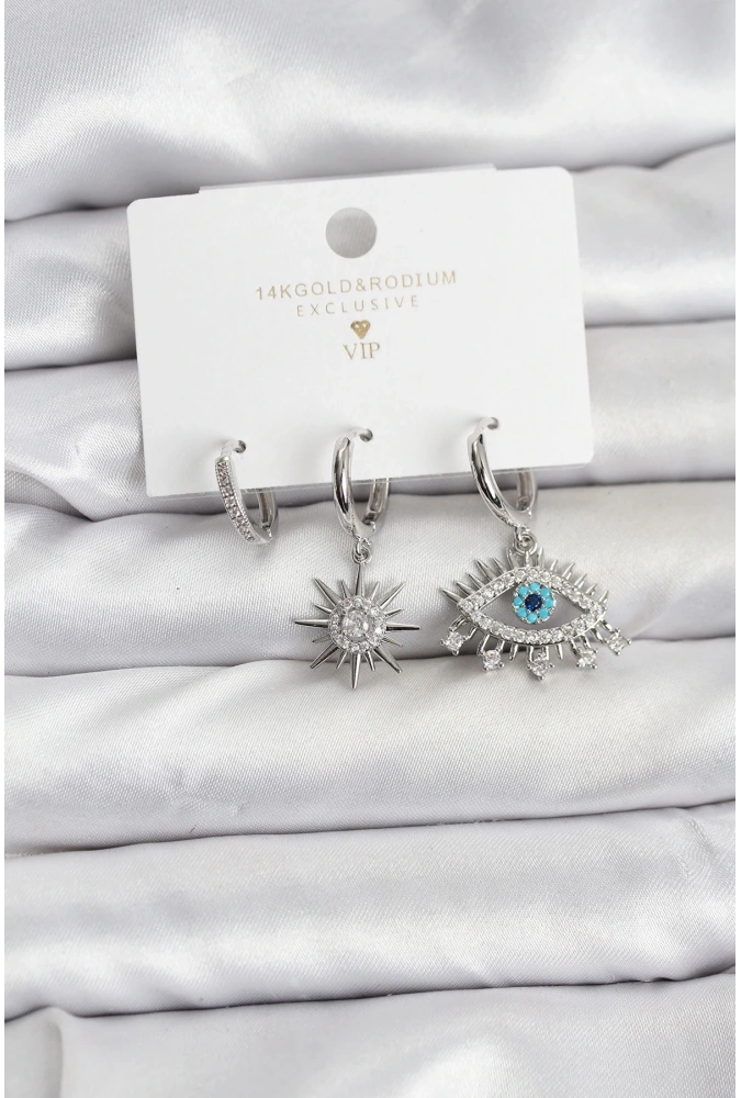 Shoecide Göz Model Gümüş Renk Pirinç 3lü Kadın Küpe Seti