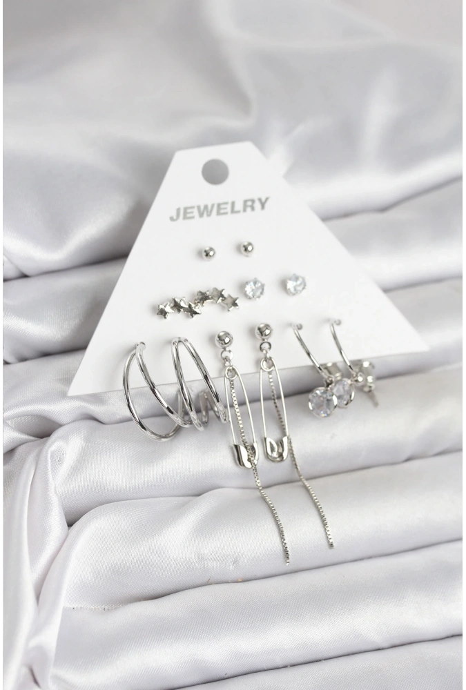 Shoecide Gümüş Renk 6lı Pirinç Küpe Seti