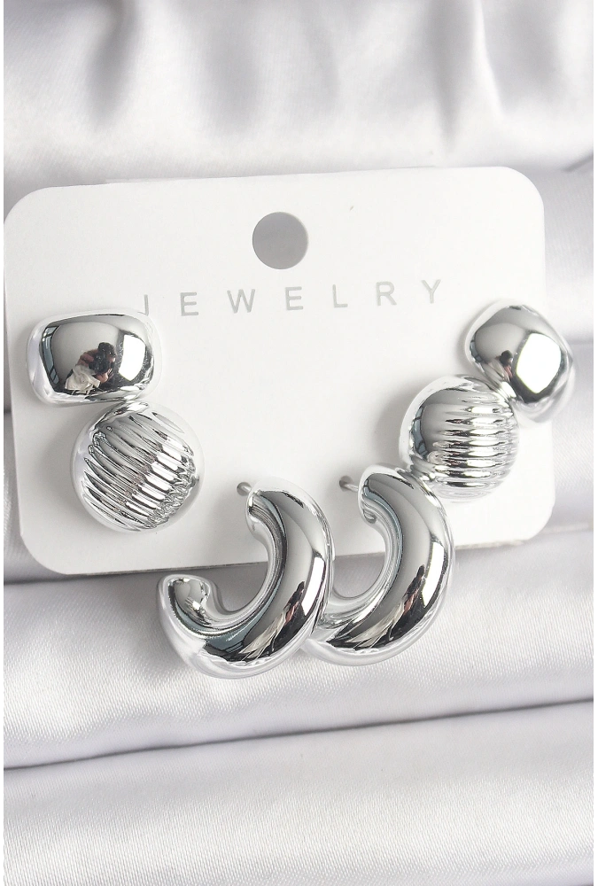 Shoecide Gümüş Renk İşlemeli Daire Halka Model Ccb Platik Kadın Küpe Seti