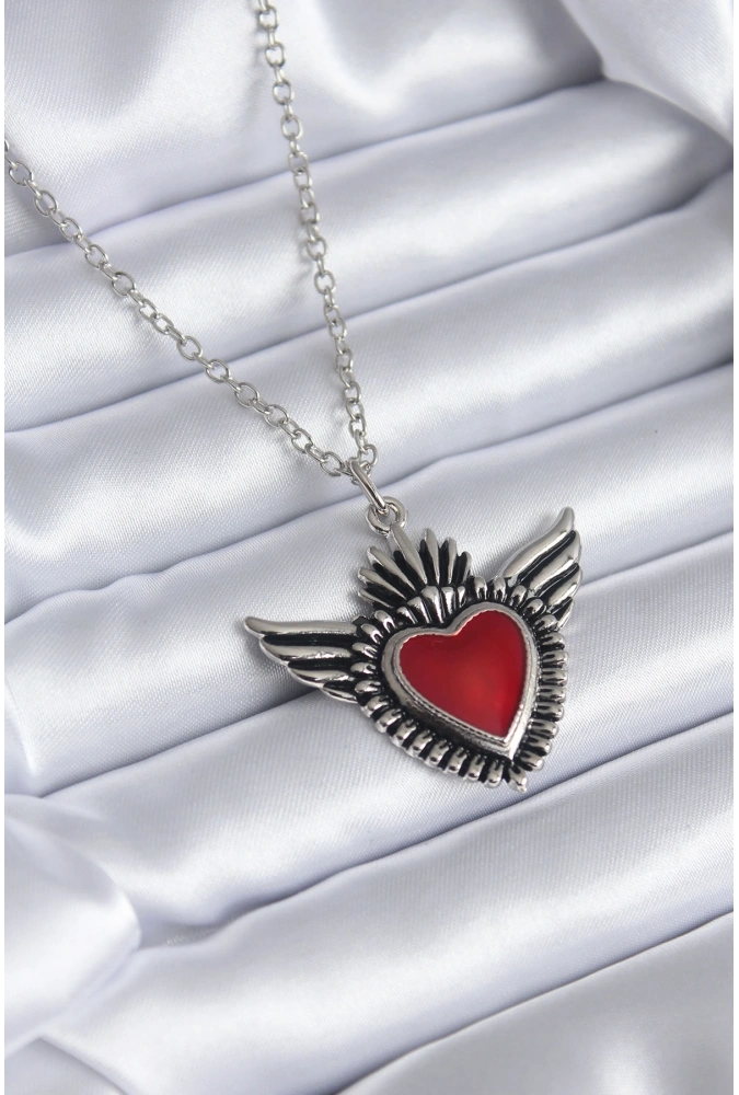 Shoecide Gümüş Renk Kanatlı Kırmızı Kalp Model Kadın Kolye