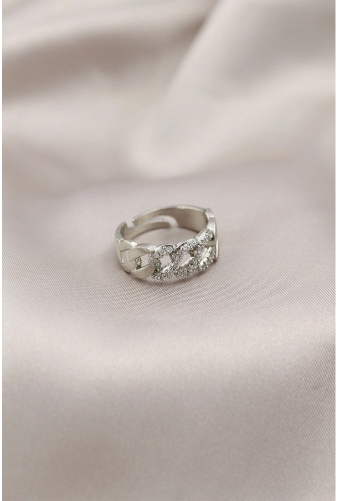 Shoecide Gümüş Renk Metal Zincir Model Taşlı Kadın Yüzük