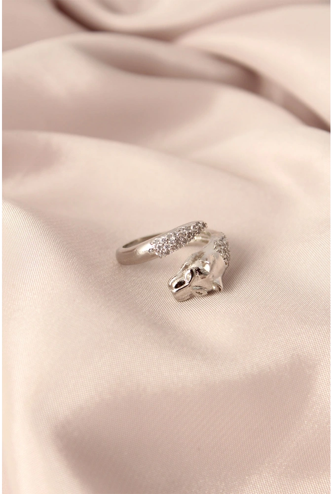 Shoecide Gümüş Renk Metal Zirkon Taşlı Kaplan Model Ayarlanabilir Kadın Yüzük