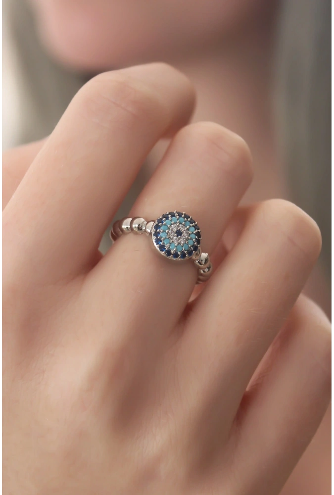 Shoecide Gümüş Renk Nazar Boncuk Figür Zirkon Taş Detay Kadın Yüzük