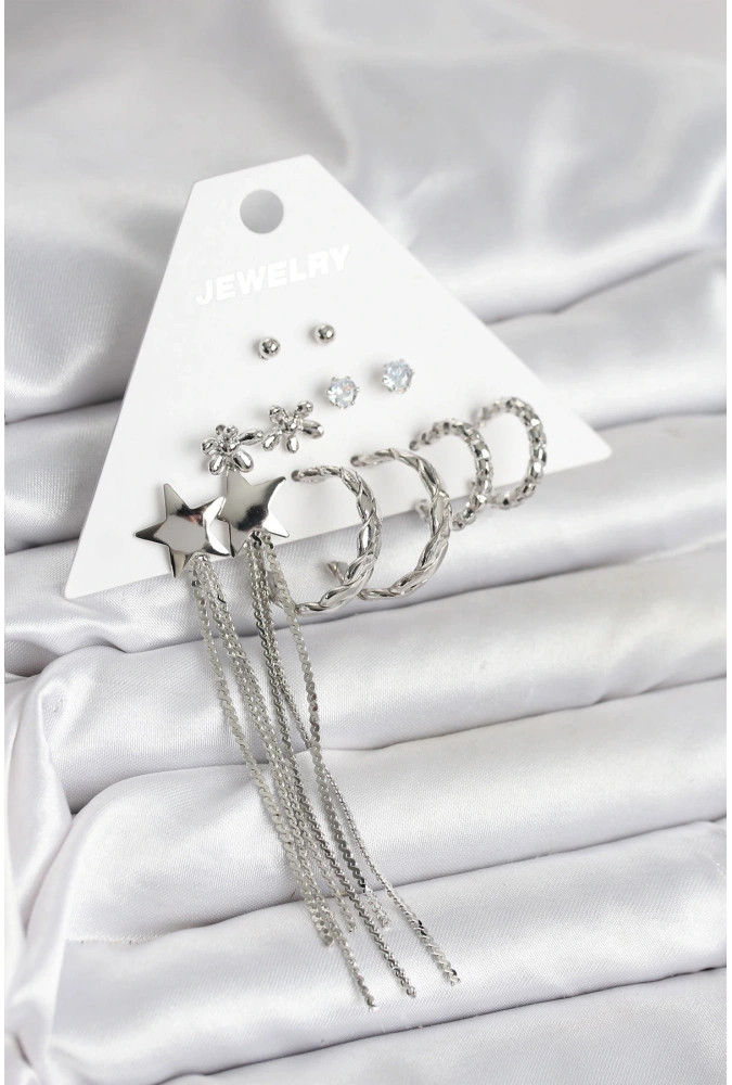 Shoecide Gümüş Renk Pirinç 6 Çift Kadın Küpe Seti