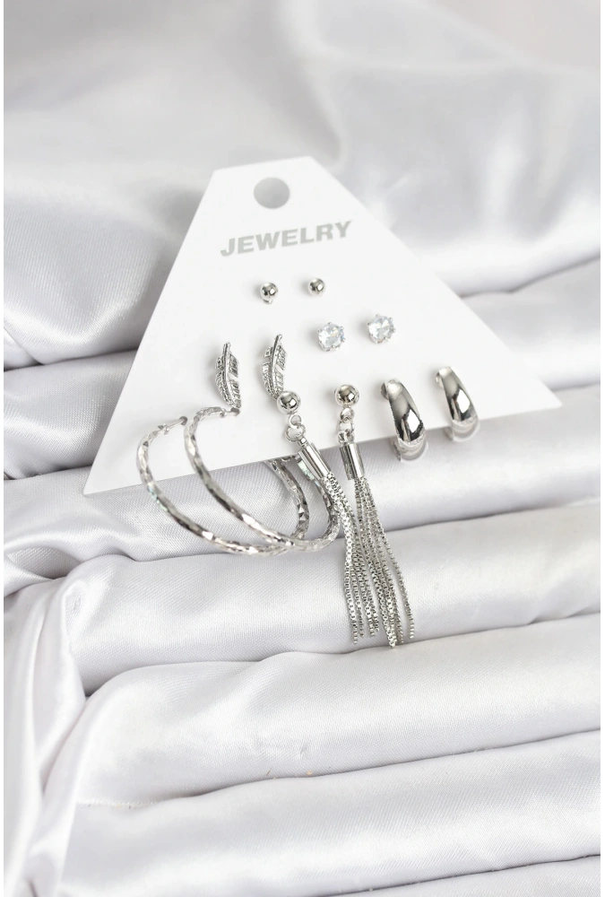 Shoecide Gümüş Renk Pirinç 6 Çiftli Kadın Küpe Seti