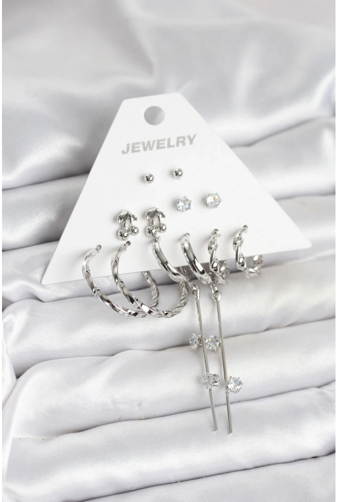 Shoecide Gümüş Renk Pirinç 6lı Kadın Küpe Seti